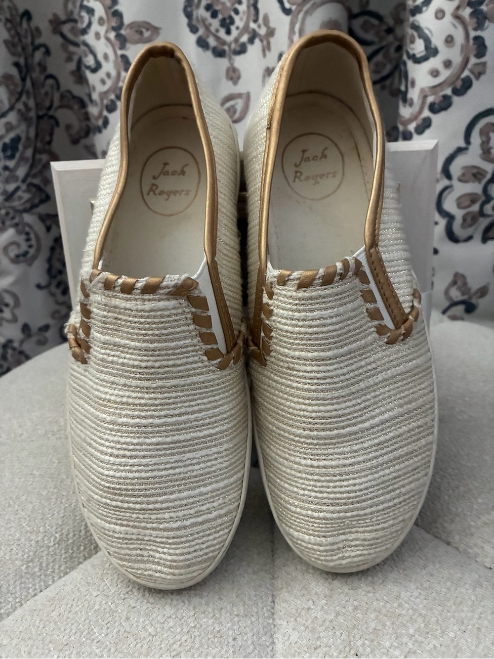 Jack Rogers Woven Cream and Gold Slip-On Loafers with Gold Trim